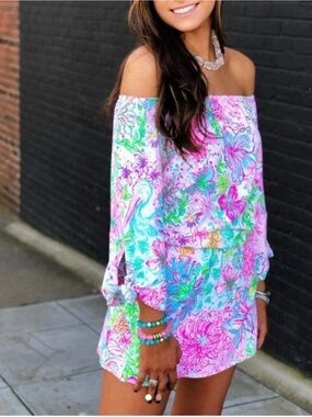 Lilly Pulitzer Lana Skort Romper Paradise Found Off the Shoulder Pink Size Large